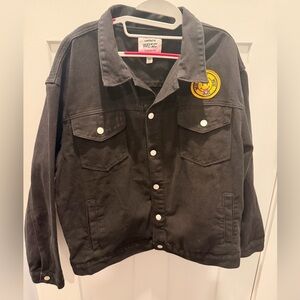 WeSC Conspiracy Black Trucker Jacket Men’s XL Smiley Patch Streetwear